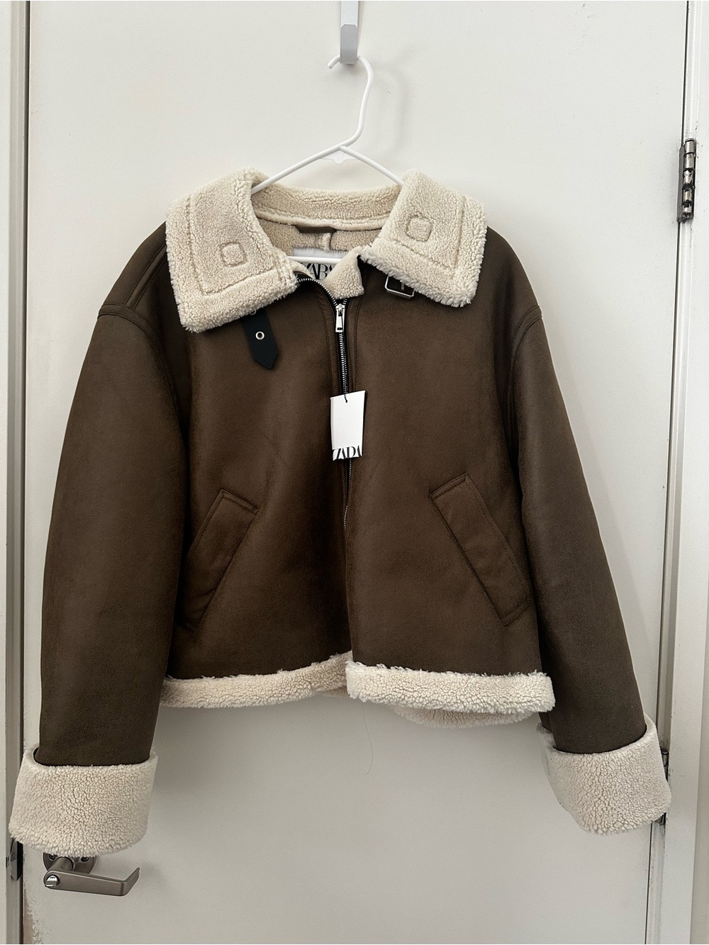 ZARA Brown Jacket with Cream Faux-Shearling Trim